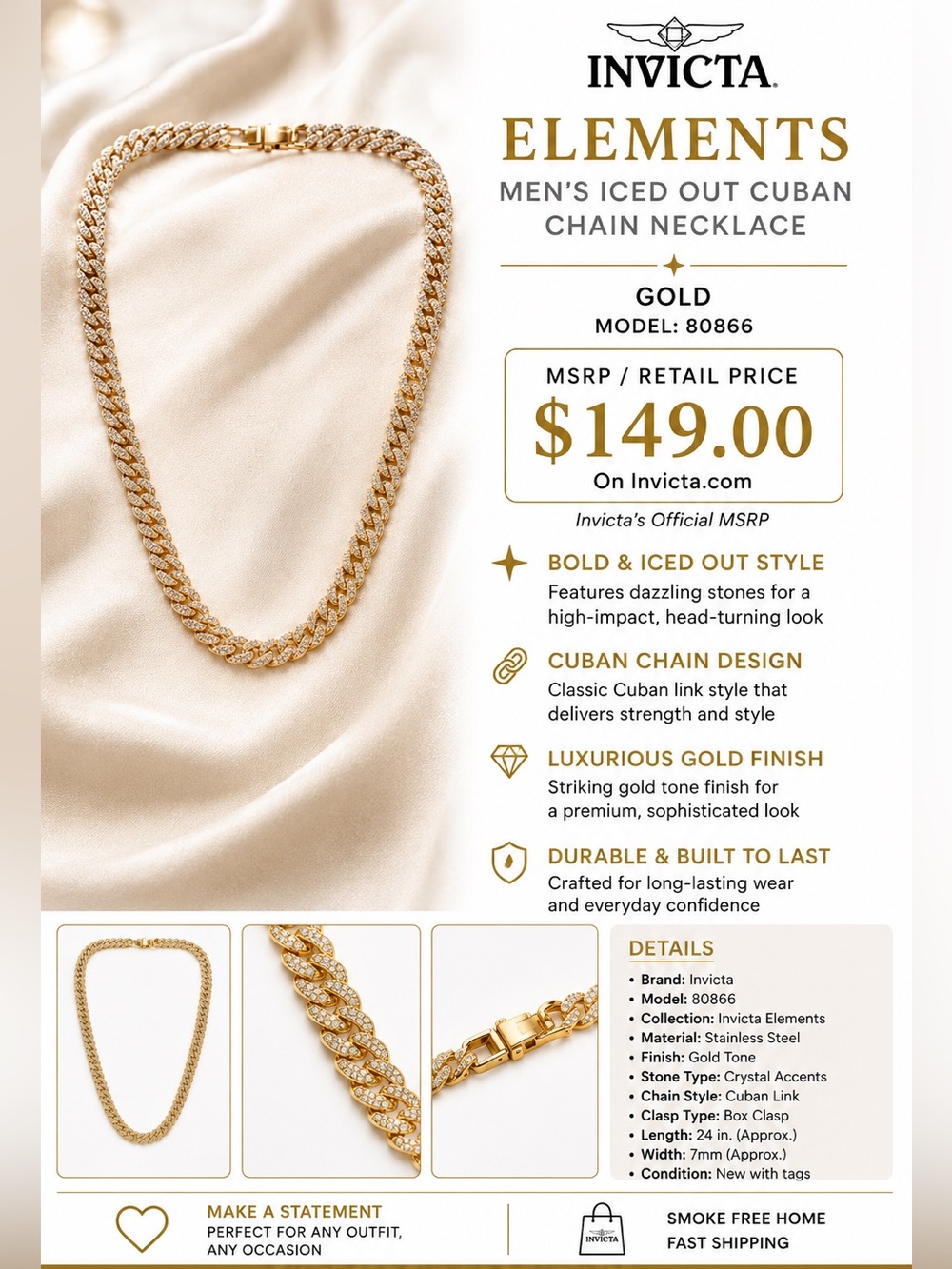 (NIP) Invicta Gold Iced-Out Cuban Chain Necklace